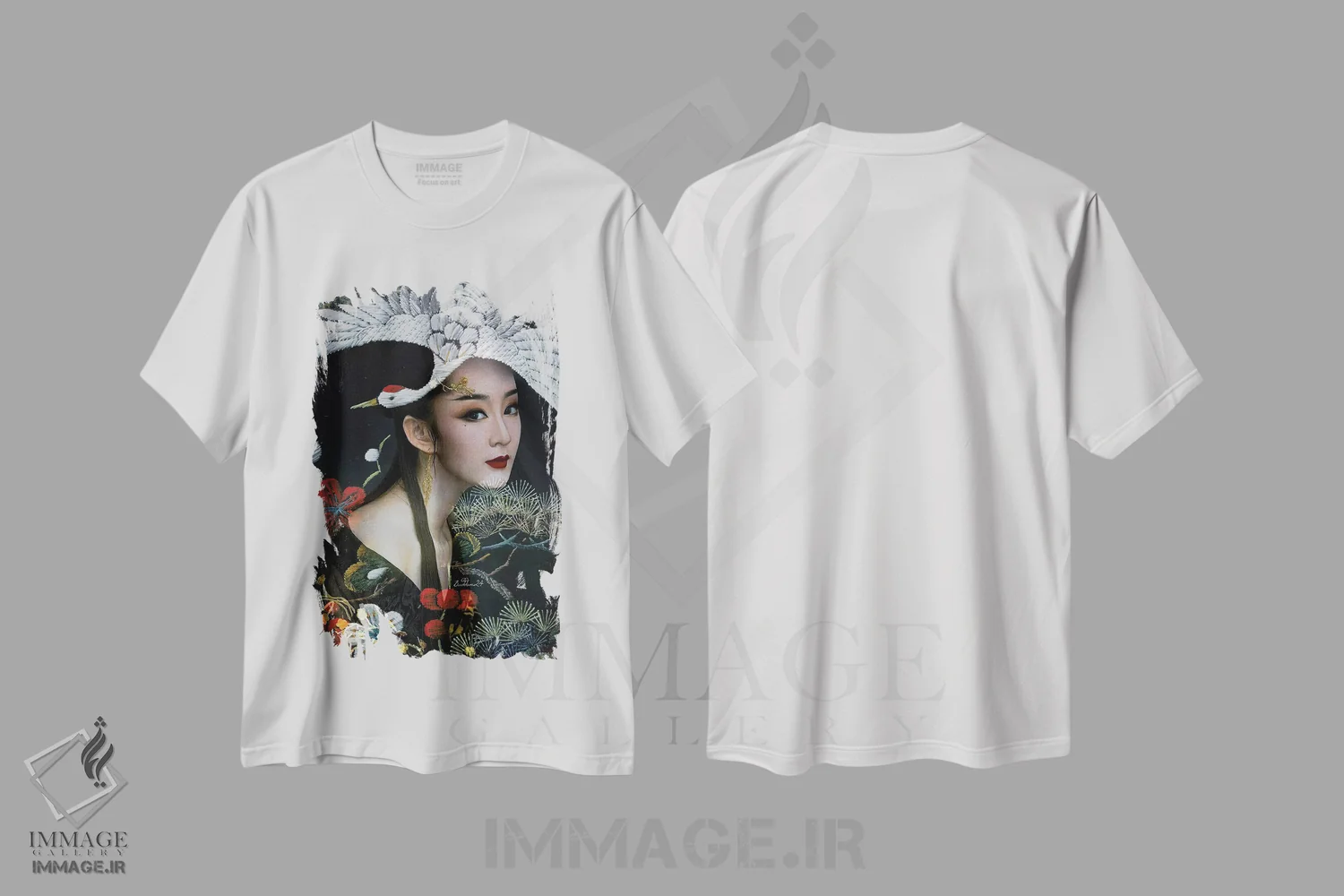 تیشرت سفید طرح دار بانویی با درنای سفید، دکور آسیایی اثر دومینیک بادوئل | immage.ir