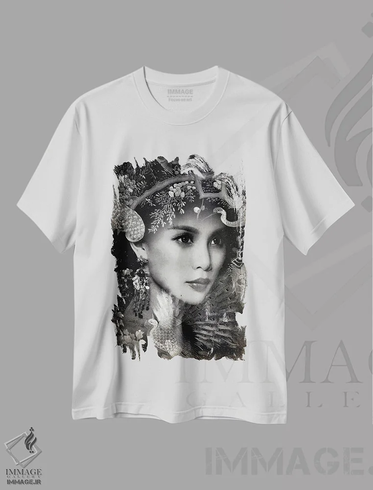 تیشرت سفید طرح دار ملکهٔ جنگل، هنر دیجیتال سیاه و سفید اثر دومینیک بادوئل | فروشگاه ایماژ