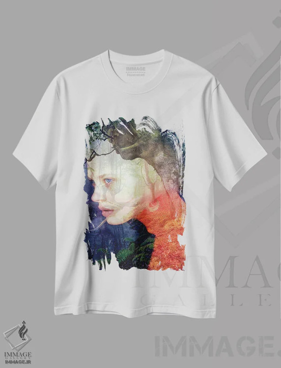 تیشرت سفید طرح دار حوری نارنجی، هنر دیجیتال اثر دومینیک بادوئل | فروشگاه ایماژ