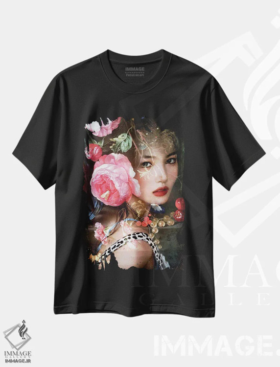 تیشرت مشکی طرح دار بانویی در گلخانه، هنر دیجیتال اثر دومینیک بادوئل | فروشگاه ایماژ
