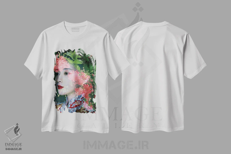 تیشرت سفید طرح دار بانویی در باغ گل، دکور آسیایی اثر دومینیک بادوئل | فروشگاه ایماژ