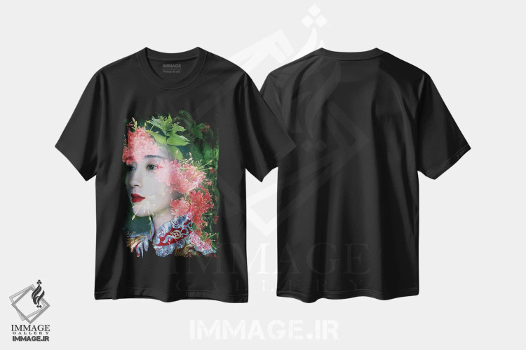 تیشرت مشکی طرح دار بانویی در باغ گل، دکور آسیایی اثر دومینیک بادوئل | immage.ir