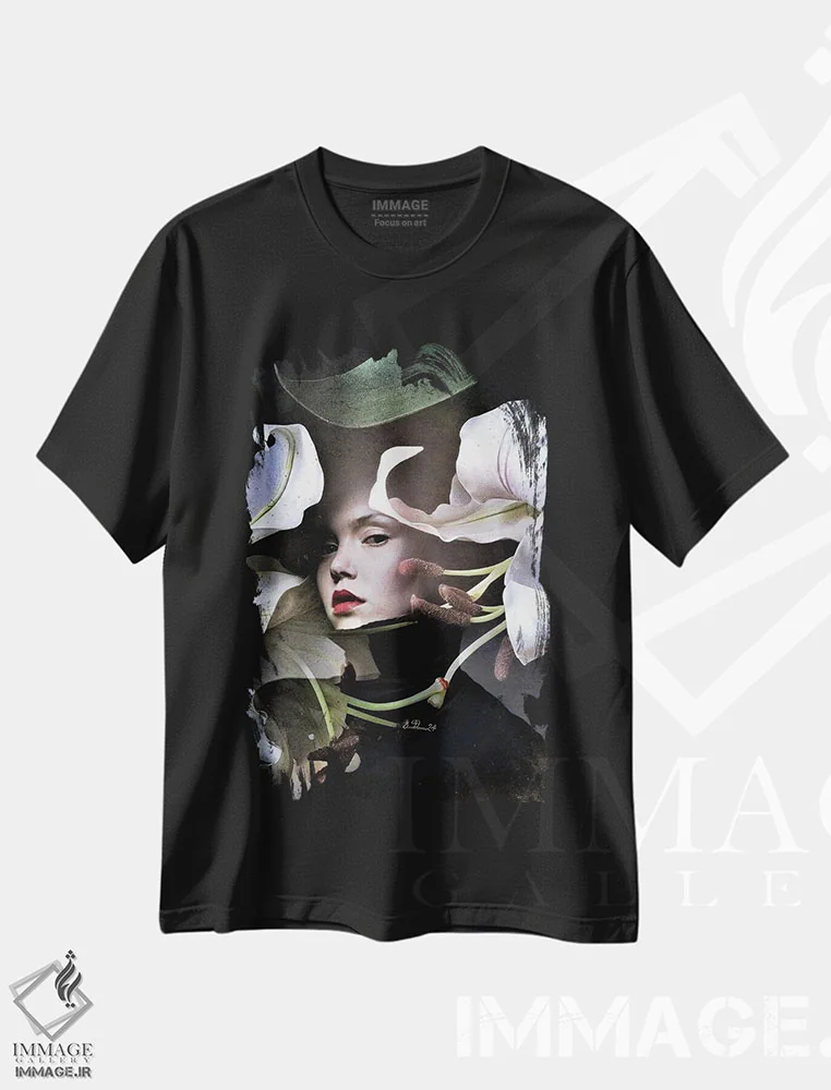 تیشرت مشکی طرح دار سوسن، هنر دیجیتال اثر دومینیک بادوئل | immage.ir