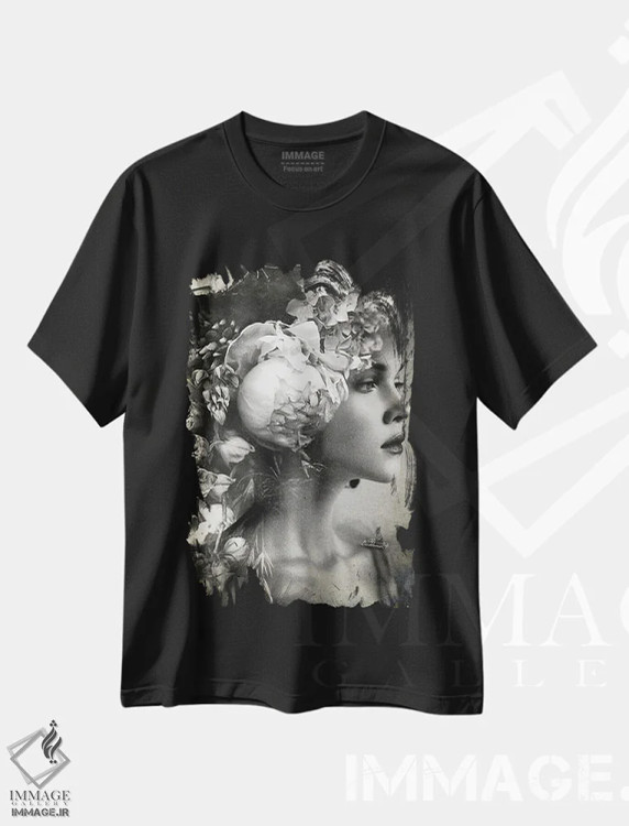 تیشرت مشکی طرح دار بوتانیکا، هنر دیجیتال سیاه و سفید اثر دومینیک بادوئل | فروشگاه ایماژ