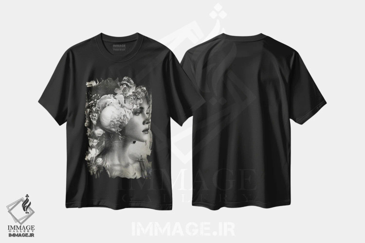 تیشرت مشکی طرح دار بوتانیکا، هنر دیجیتال سیاه و سفید اثر دومینیک بادوئل | فروشگاه ایماژ