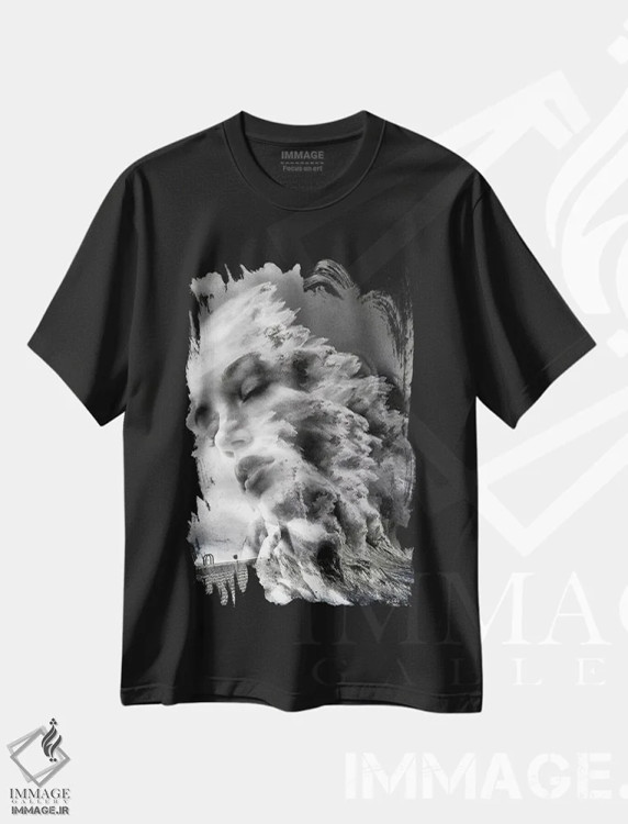 تیشرت مشکی طرح دار تصادف، هنر دیجیتال سیاه و سفید اثر دومینیک بادوئل | فروشگاه ایماژ