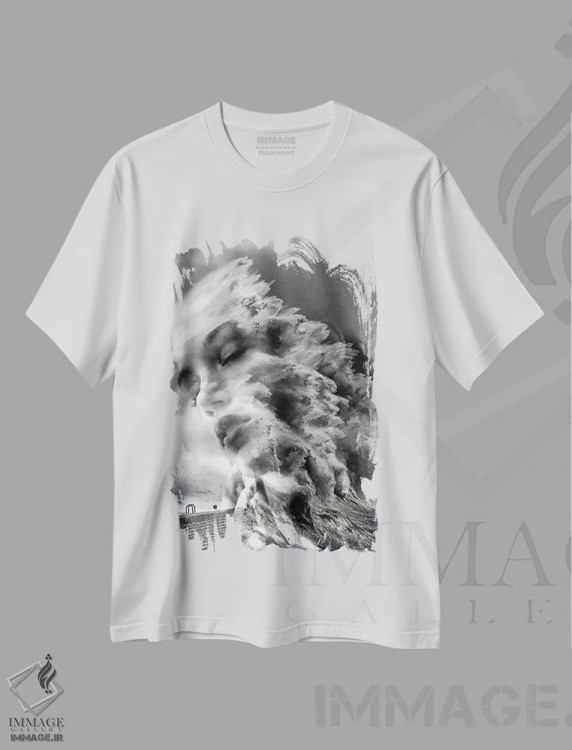 تیشرت سفید طرح دار تصادف، هنر دیجیتال سیاه و سفید اثر دومینیک بادوئل | immage.ir