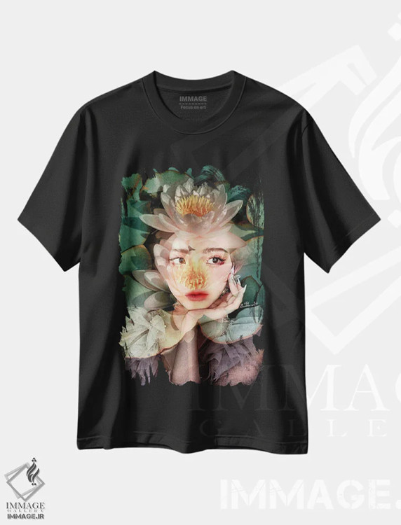 تیشرت مشکی طرح دار پیرُو، لوتوس کوچک، دکور آسیایی اثر دومینیک بادوئل | فروشگاه ایماژ