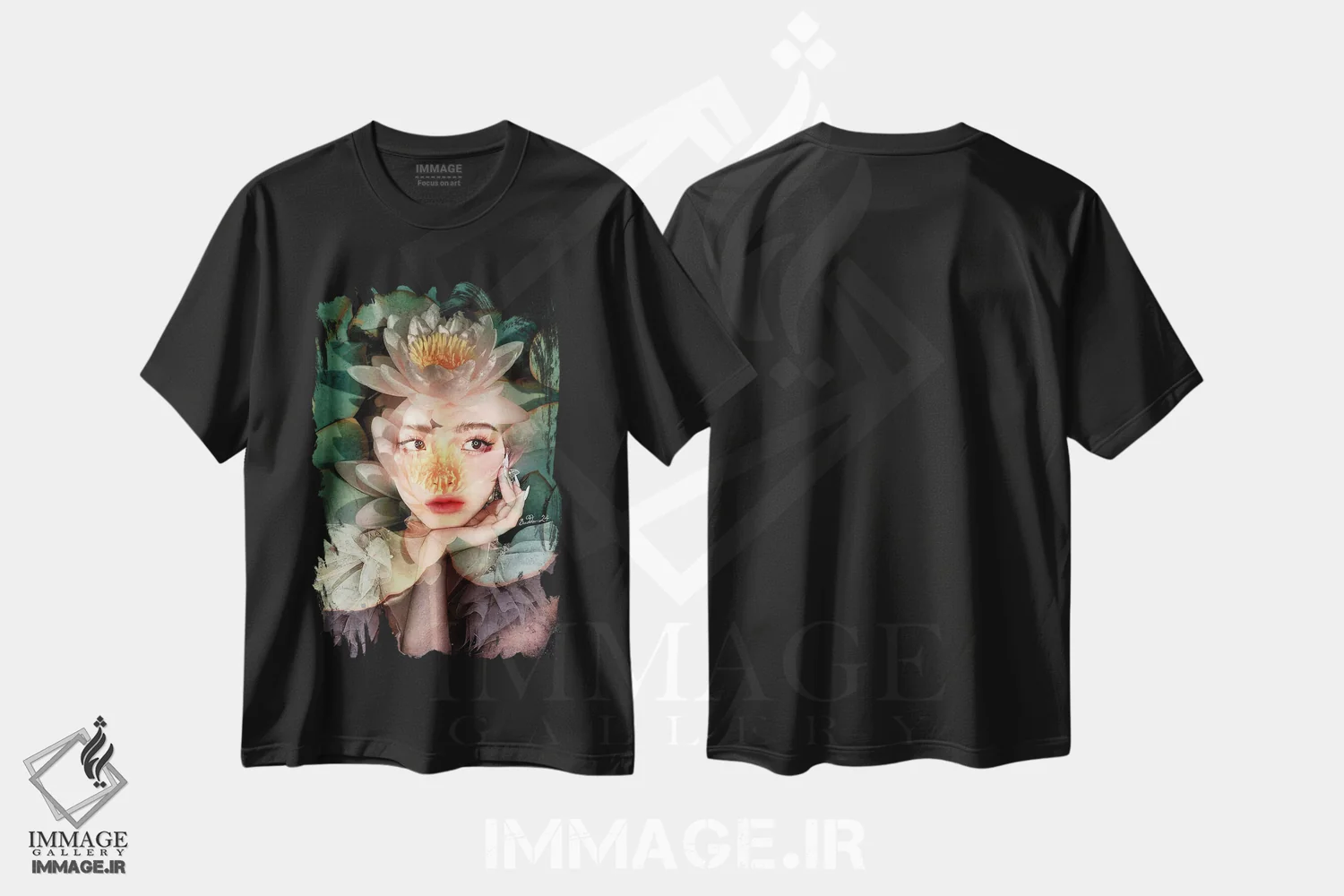تیشرت مشکی طرح دار پیرُو، لوتوس کوچک، دکور آسیایی اثر دومینیک بادوئل | فروشگاه ایماژ