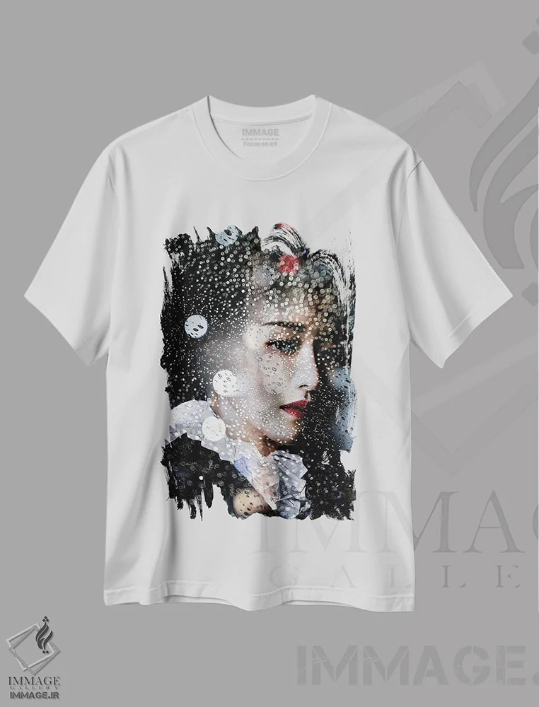 تیشرت سفید طرح دار گیشای قطره باران، دکور آسیایی اثر دومینیک بادوئل | فروشگاه ایماژ