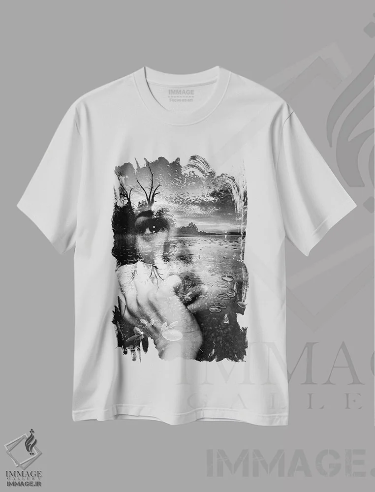 تیشرت سفید طرح دار ملانکولیا، هنر دیجیتال سیاه و سفید اثر دومینیک بادوئل | immage.ir