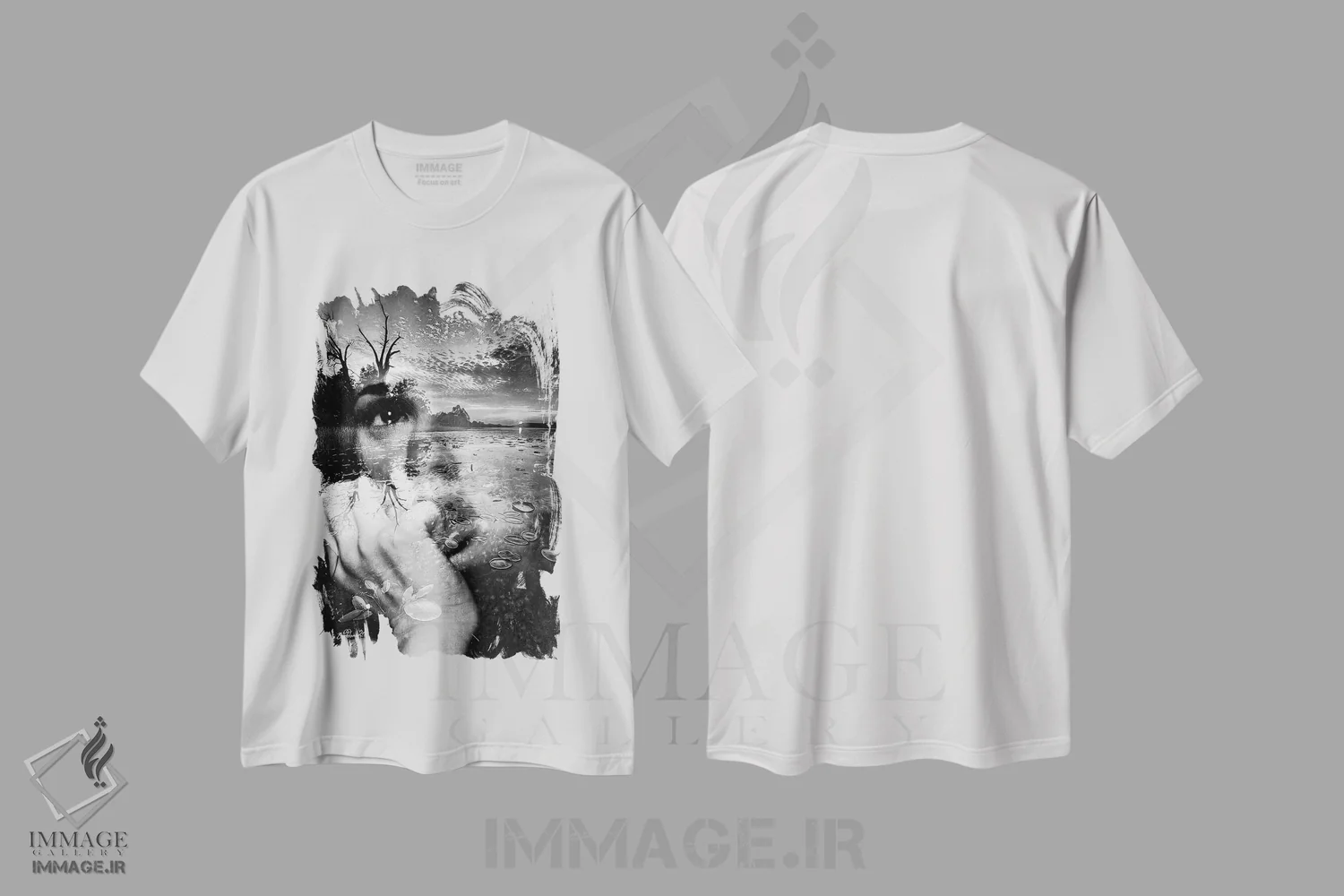 تیشرت سفید طرح دار ملانکولیا، هنر دیجیتال سیاه و سفید اثر دومینیک بادوئل | immage.ir