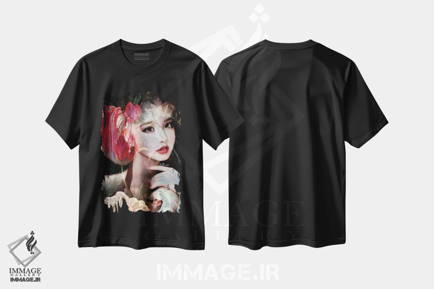 تیشرت مشکی طرح دار لاله، دکور آسیایی اثر دومینیک بادوئل | فروشگاه ایماژ