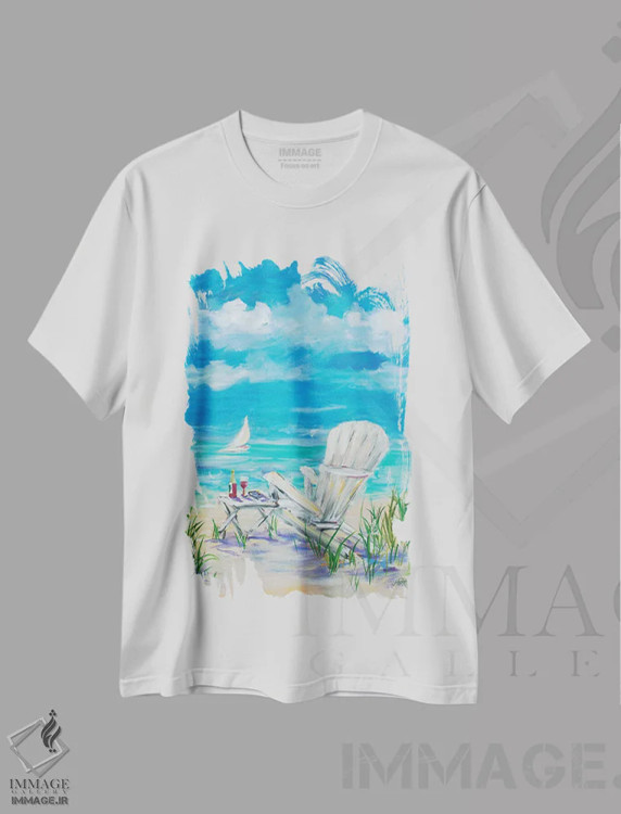 تیشرت سفید طرح دار استراحت در ساحل، دکور ساحلی اثر جولی دریسه | فروشگاه ایماژ
