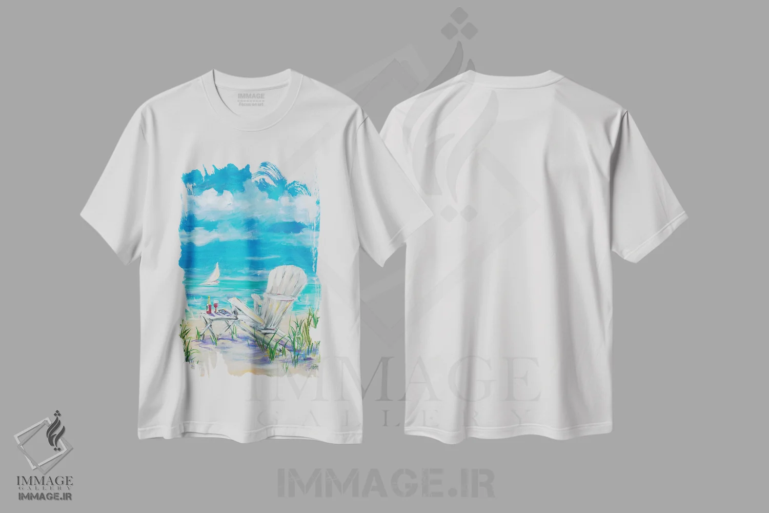 تیشرت سفید طرح دار استراحت در ساحل، دکور ساحلی اثر جولی دریسه | فروشگاه ایماژ