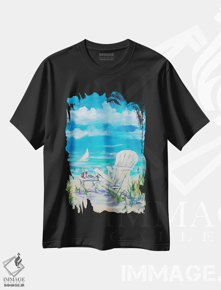 تیشرت مشکی طرح دار استراحت در ساحل، دکور ساحلی اثر جولی دریسه | immage.ir