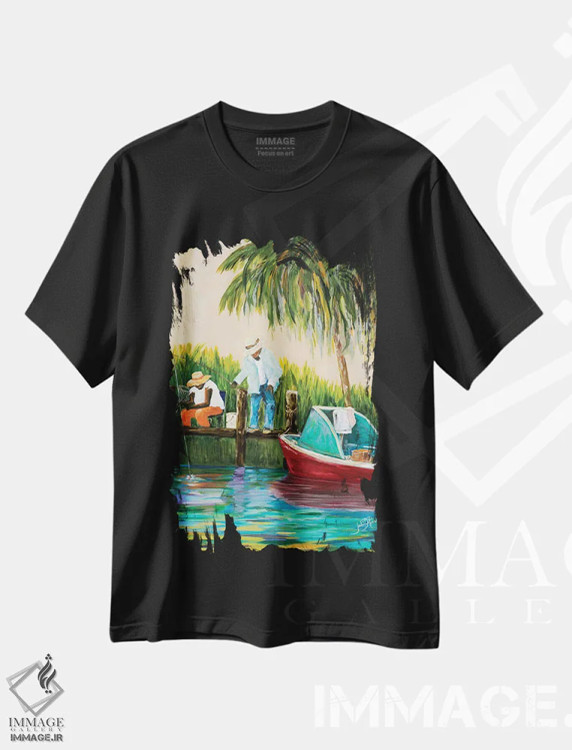 تیشرت مشکی طرح دار ماهیگیری کنار اسکله، تزئینی اثر جولی دریسه | فروشگاه ایماژ
