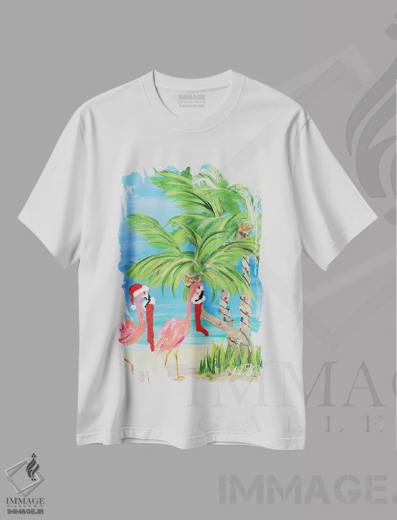 تیشرت سفید طرح دار کریسمس فلامینگو I، کریسمس ساحلی اثر جولی دریسه | فروشگاه ایماژ