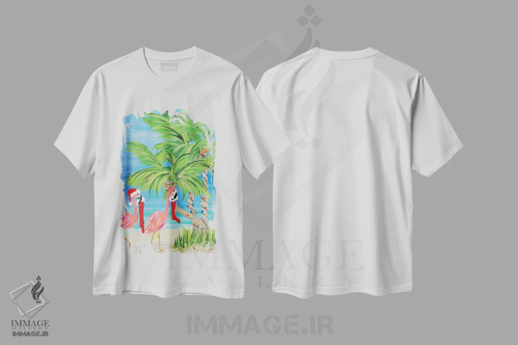 تیشرت سفید طرح دار کریسمس فلامینگو I، کریسمس ساحلی اثر جولی دریسه | فروشگاه ایماژ