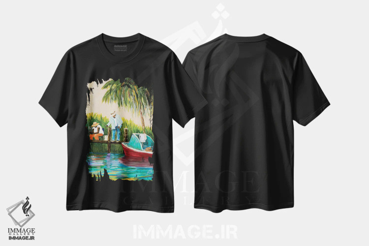 تیشرت مشکی طرح دار ماهیگیری کنار اسکله، تزئینی اثر جولی دریسه | فروشگاه ایماژ