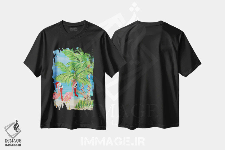 تیشرت مشکی طرح دار کریسمس فلامینگو I، کریسمس ساحلی اثر جولی دریسه | immage.ir