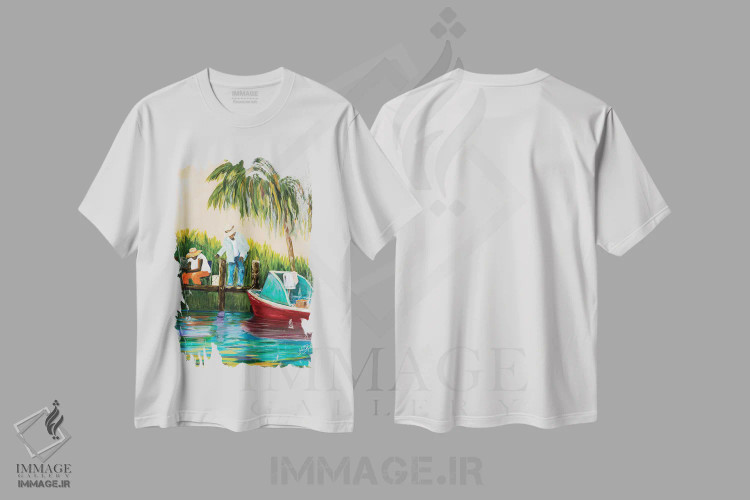 تیشرت سفید طرح دار ماهیگیری کنار اسکله، تزئینی اثر جولی دریسه | immage.ir