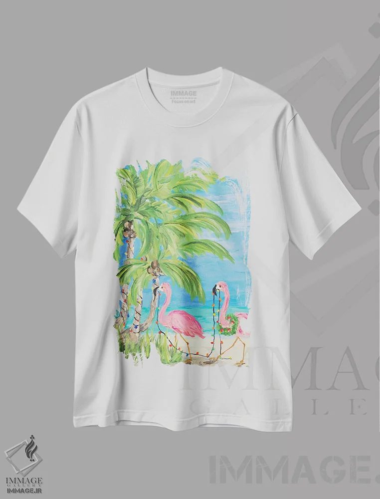 تیشرت سفید طرح دار کریسمس فلامینگو II، کریسمس ساحلی اثر جولی دریسه | immage.ir