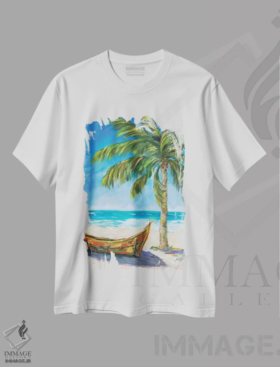 تیشرت سفید طرح دار سفر به بهشت، تزئینی اثر جولی دریسه | فروشگاه ایماژ
