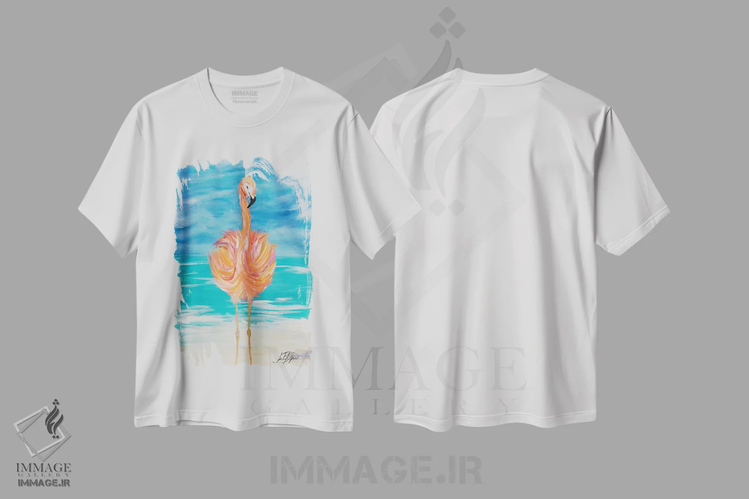 تیشرت سفید طرح دار فلامینگو I، دکور ساحلی اثر جولی دریسه | فروشگاه ایماژ