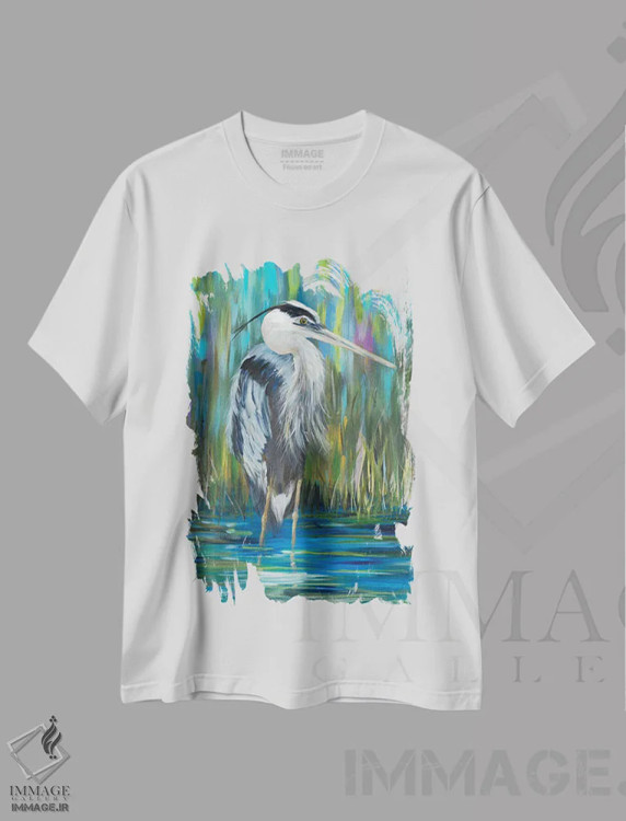 تیشرت سفید طرح دار حواصیل ایستاده I، تزئینی اثر جولی دریسه | فروشگاه ایماژ
