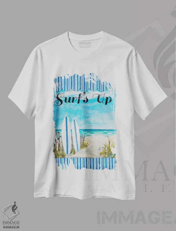 تیشرت سفید طرح دار زمان موج سواری، تزئینی اثر جولی دریسه | فروشگاه ایماژ
