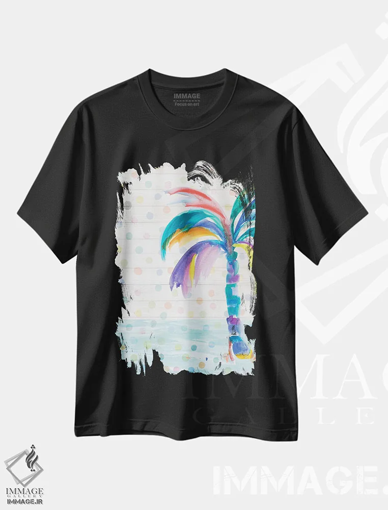 تیشرت مشکی طرح دار نخل فانتزی روی نقطه ها I، دکور ساحلی اثر جولی دریسه | فروشگاه ایماژ