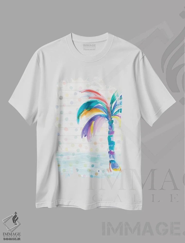 تیشرت سفید طرح دار نخل فانتزی روی نقطه ها I، دکور ساحلی اثر جولی دریسه | immage.ir
