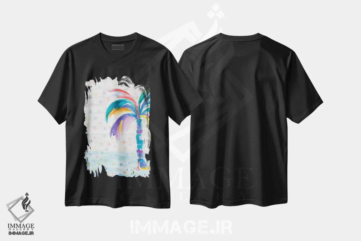 تیشرت مشکی طرح دار نخل فانتزی روی نقطه ها I، دکور ساحلی اثر جولی دریسه | فروشگاه ایماژ