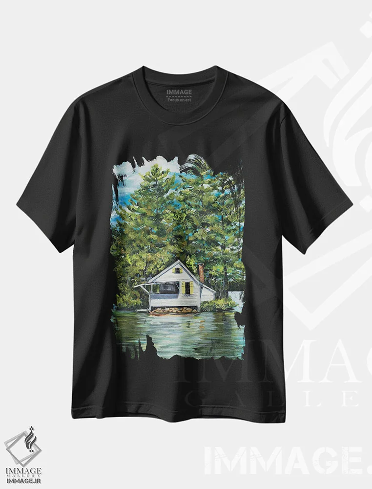 تیشرت مشکی طرح دار خانه کنار دریاچه، تزئینی اثر جولی دریسه | immage.ir