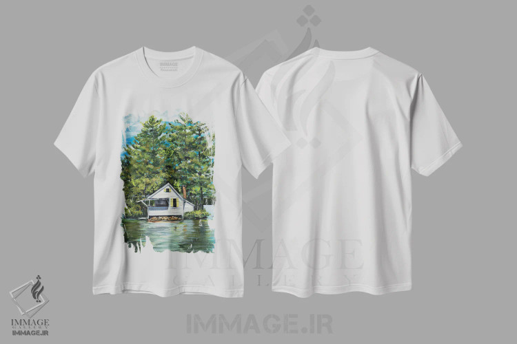 تیشرت سفید طرح دار خانه کنار دریاچه، تزئینی اثر جولی دریسه | فروشگاه ایماژ