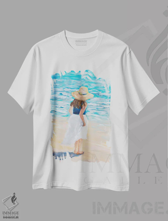 تیشرت سفید طرح دار بانوی ساحل، دکور ساحلی اثر جولی دریسه | فروشگاه ایماژ
