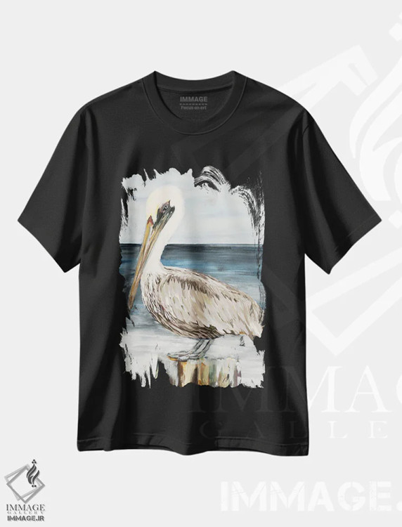 تیشرت مشکی طرح دار پلیکان نشسته با رنگ ملایم، دکور ساحلی اثر جولی دریسه | فروشگاه ایماژ