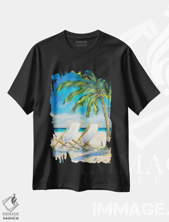 تیشرت مشکی طرح دار چشم انداز ساحلی، دکور ساحلی اثر جولی دریسه | فروشگاه ایماژ