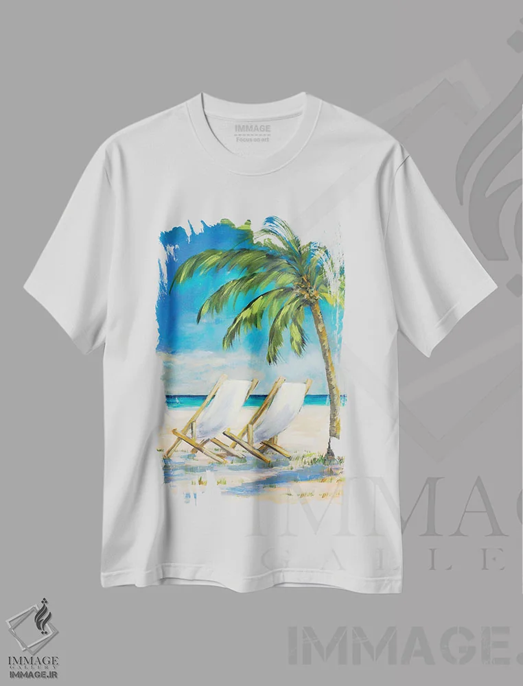 تیشرت سفید طرح دار چشم انداز ساحلی، دکور ساحلی اثر جولی دریسه | immage.ir