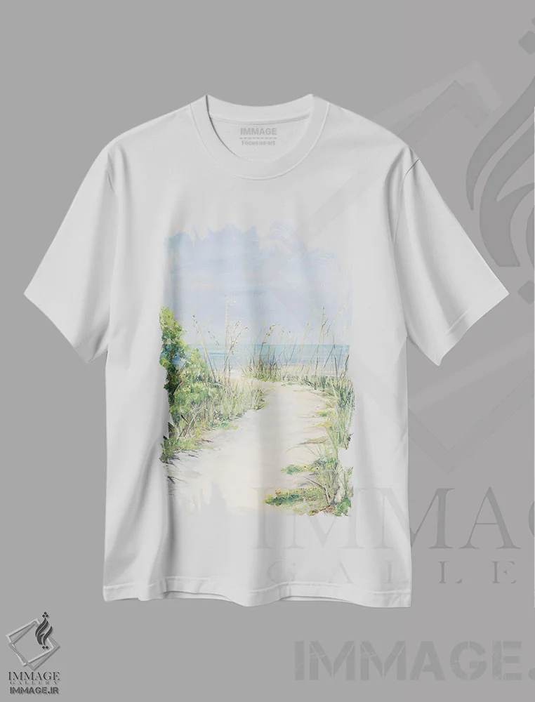 تیشرت سفید طرح دار مسیر بهشتی، دکور ساحلی اثر جولی دریسه | فروشگاه ایماژ