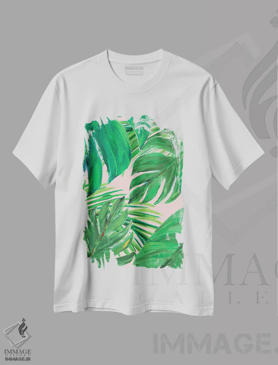تیشرت سفید طرح دار نخل های سبز روی زمینه صورتی I، دکور بوهمی اثر جولی دریسه | immage.ir