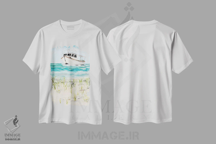 تیشرت سفید طرح دار قایق کنار ساحل، دکور ساحلی اثر جولی دریسه | فروشگاه ایماژ