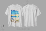تیشرت سفید طرح دار تابستان تن آسا I، دکور ساحلی اثر جولی دریسه | فروشگاه ایماژ