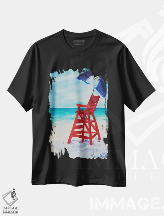 تیشرت مشکی طرح دار پست نجات غریق I، دکور ساحلی اثر جولی دریسه | فروشگاه ایماژ