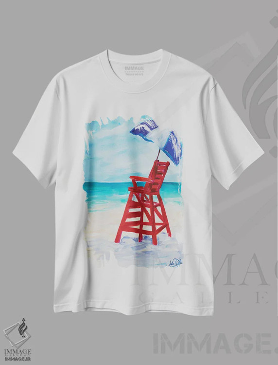 تیشرت سفید طرح دار پست نجات غریق I، دکور ساحلی اثر جولی دریسه | immage.ir