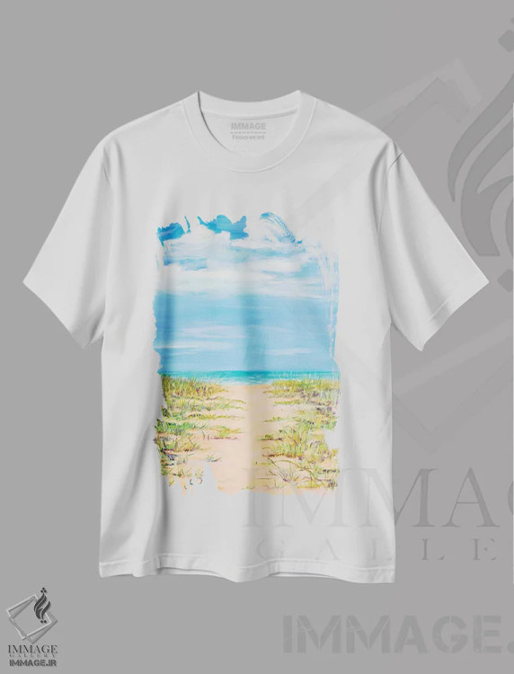 تیشرت سفید طرح دار راه آرامش، دکور ساحلی اثر جولی دریسه | فروشگاه ایماژ
