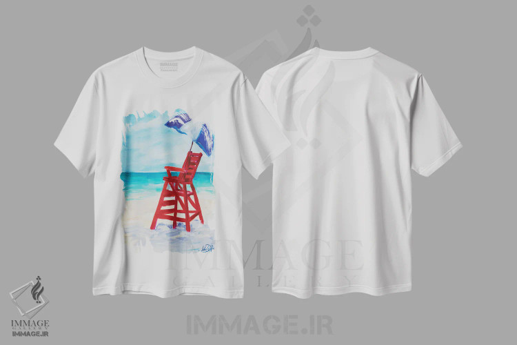 تیشرت سفید طرح دار پست نجات غریق I، دکور ساحلی اثر جولی دریسه | immage.ir