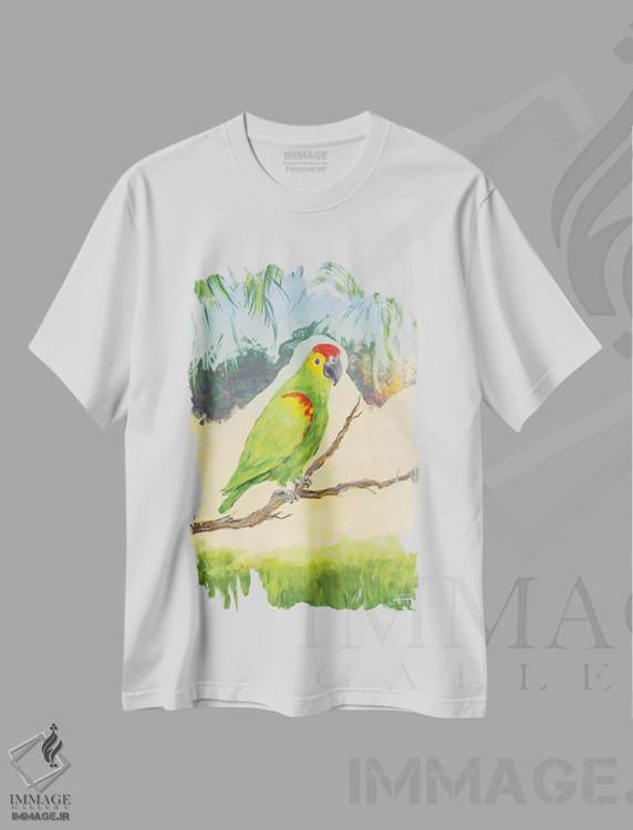 تیشرت سفید طرح دار پرنده گرمسیری در بهشت II، دکور ساحلی اثر جولی دریسه | فروشگاه ایماژ