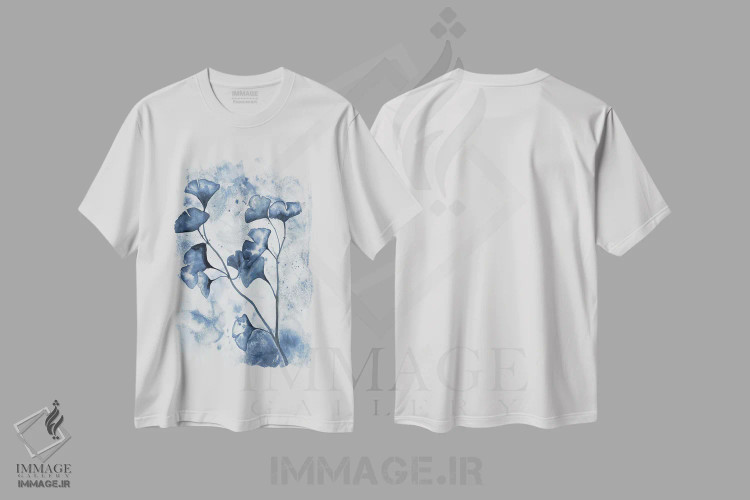 تیشرت سفید طرح دار جینکوی آغشته به نیلی ۱، دکور معاصر اثر دوریس شَرِست | فروشگاه ایماژ